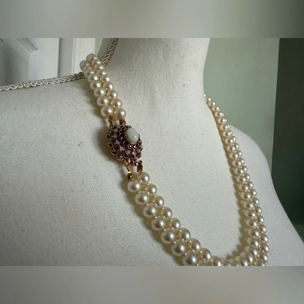NWT 1960s Panetta Costume Jewelry Double-Stranded Glass Pearl Necklace